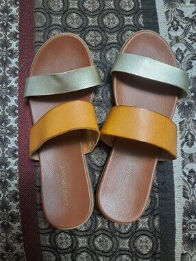 Lane Bryant Two-Band Slide Sandals in Brown, Tan and Metallic Gold 9W